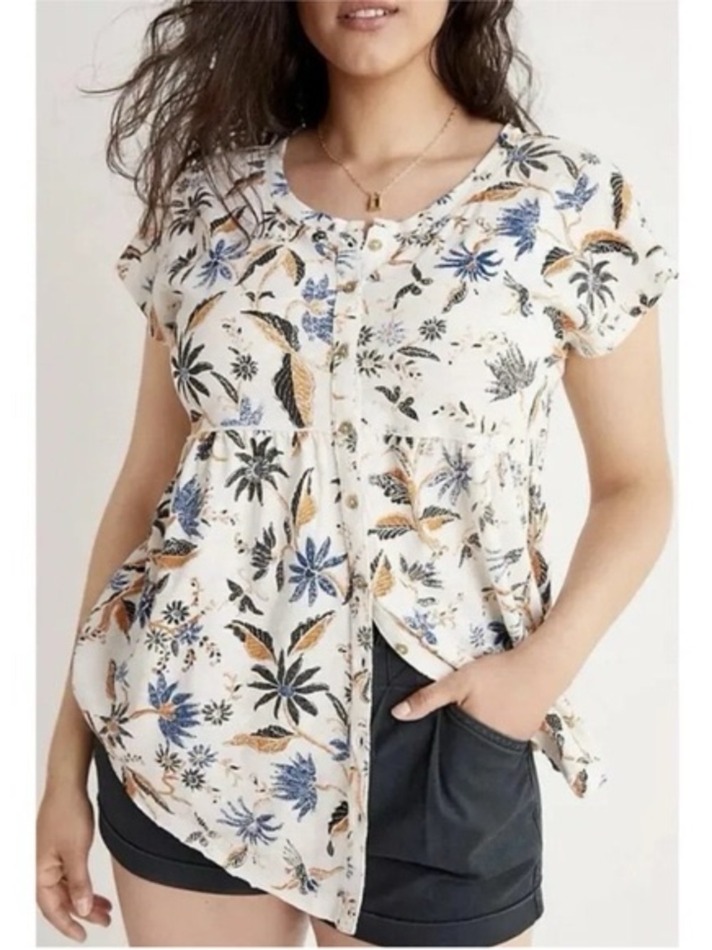 Anthropologie Floral Button-Front Short Sleeve Top